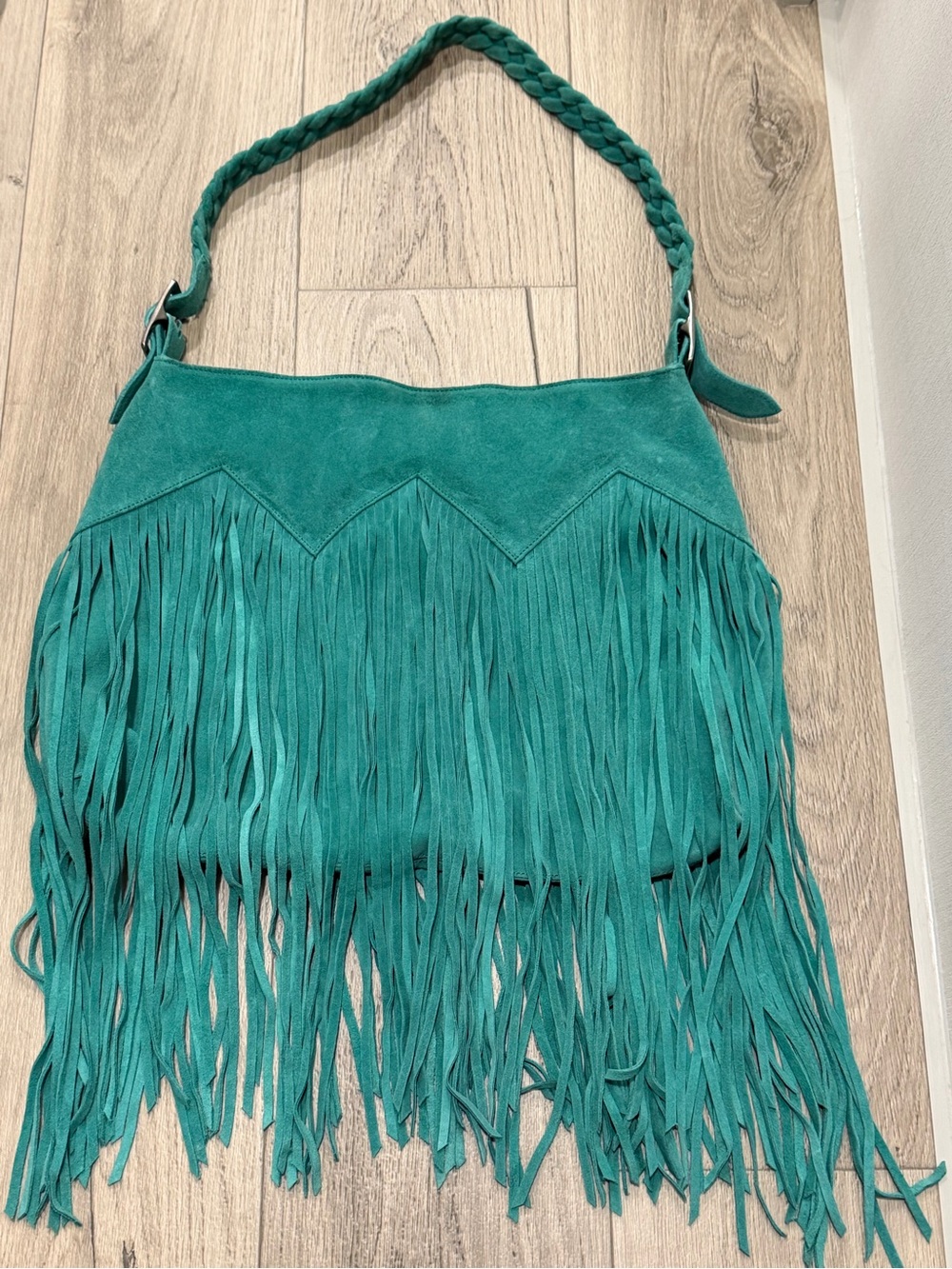 Teal Suede Fringe Shoulder Bag with Braided Strap